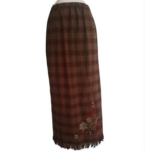 Vintage T&Company Fall Plaid Embroidered Fringe Trim Maxi Skirt Size Small